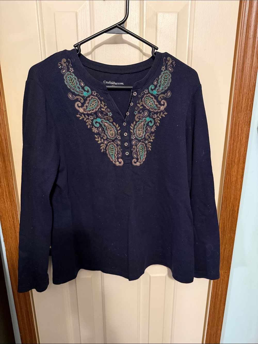 Croft & Barrow Navy Long-Sleeve Top with Teal and Tan Paisley Embroidery